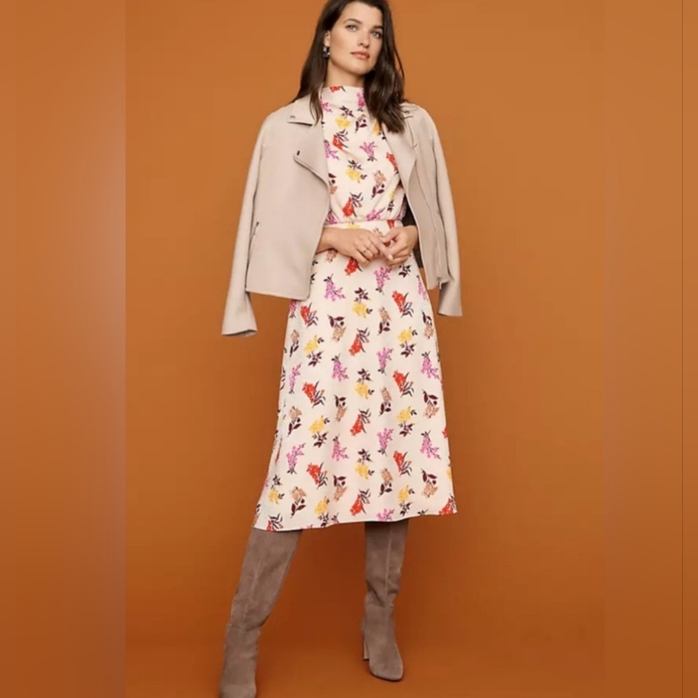 Ann Taylor Floral Mock Neck A-line Zip Midi Dress